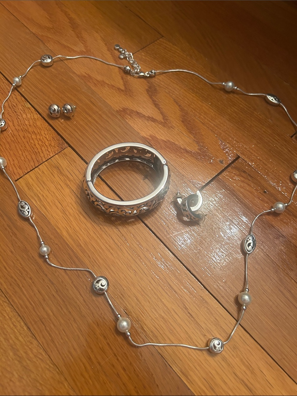 Brighton Silver Pearl Accent Necklace Set with Filigree Bangle